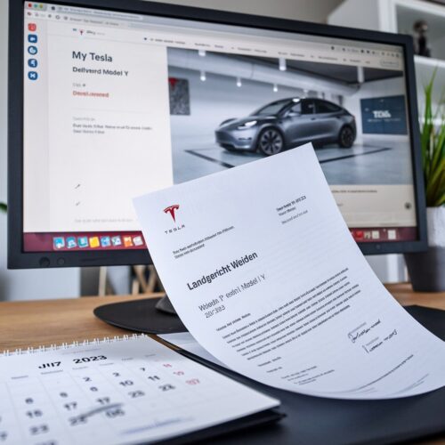 Widerrufsbescheid von Landgericht Weiden neben Tesla Webseite zu Model Y auf Schreibtisch.