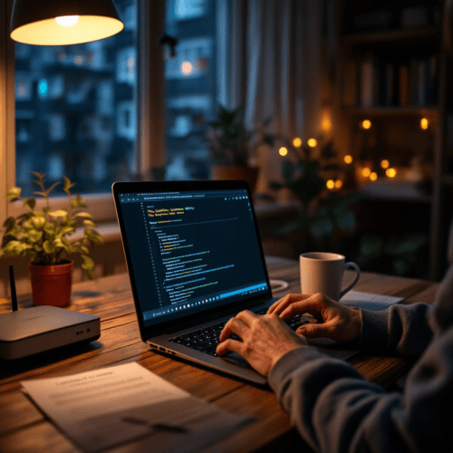 Laptop mit Torrent-Client in einem abgedunkelten Wohnzimmer; Hände tippen, darunter ein amtliches Schriftstück.