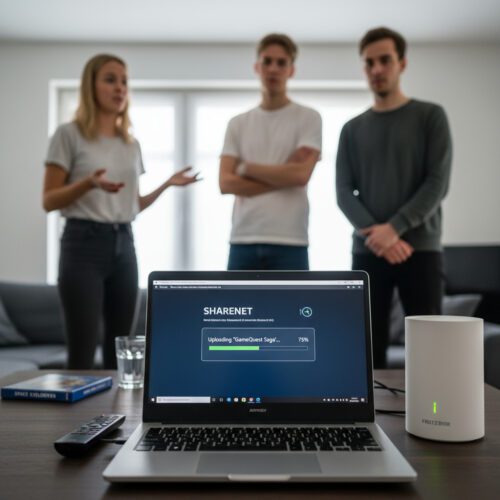 Der Anschlussinhaber berät sich über die Haftung für den illegalen Filesharing-Upload des Computerspiels im Familien-WLAN.