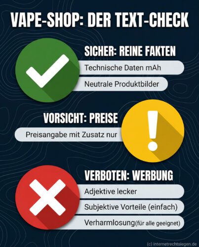 Infografik zum Vape-Werbeverbot: Ampel-Check für erlaubte Fakten, Preis-Grauzonen und verbotene Werbetexte.