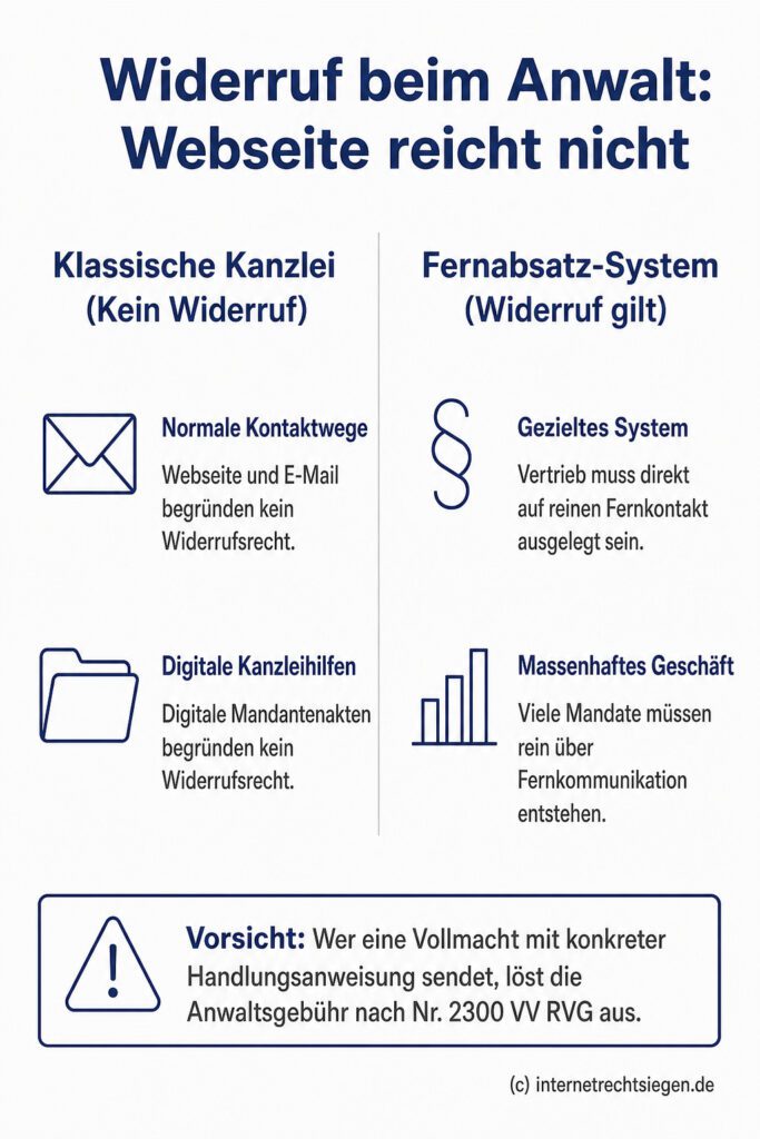 Infografik: Die rechtliche Abgrenzung beim Widerrufsrecht für Anwaltsverträge zeigt, dass eine Webseite oder E-Mail allein kein Widerrufsrecht begründet, solange kein strukturelles Fernabsatzsystem vorliegt.