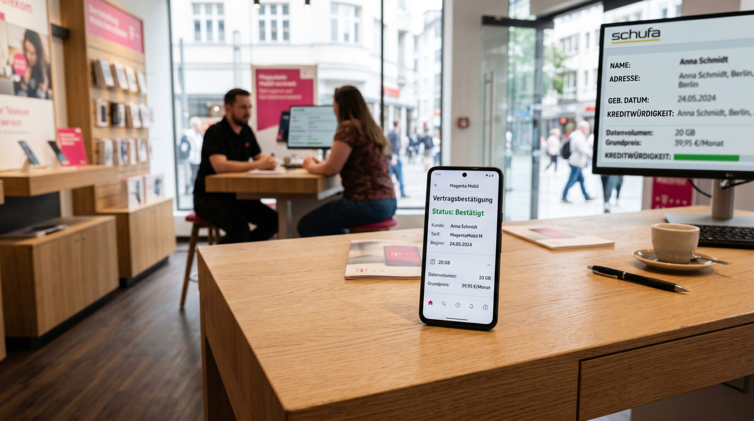 Smartphone zeigt Mobilfunkvertrag auf einem Tisch vor einem verschwommenen Monitor mit Datenfeldern.