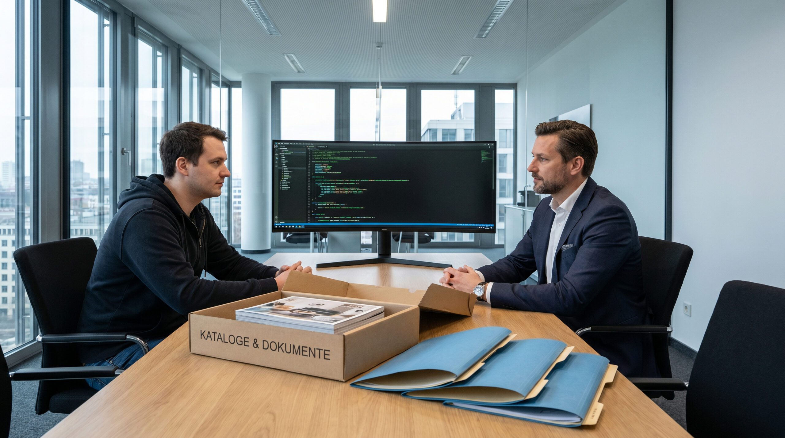 Ein IT-Entwickler und ein Möbelhändler im Gespräch vor einem Monitor mit Programmiercode und Möbelkatalogen.