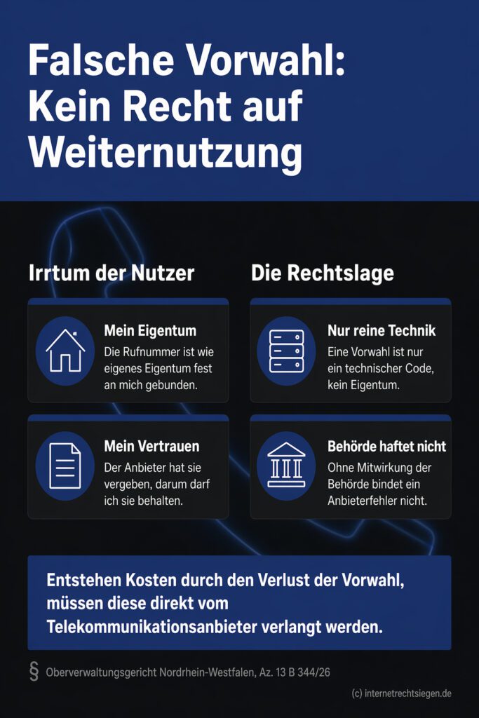 Infografik (Gegenüberstellung): Rechtliche Irrtümer vs. Gesetzeslage zur Weiternutzung falscher Telefon-Vorwahlnummern.